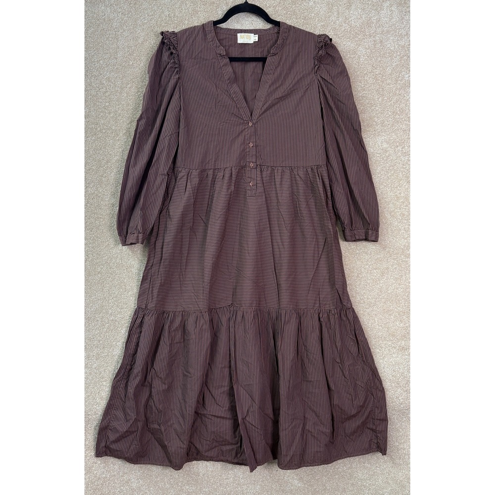 NATION LTD Dalia Midi Dress Womens Large Brown Striped Pima Cotton Ruffle Tiered